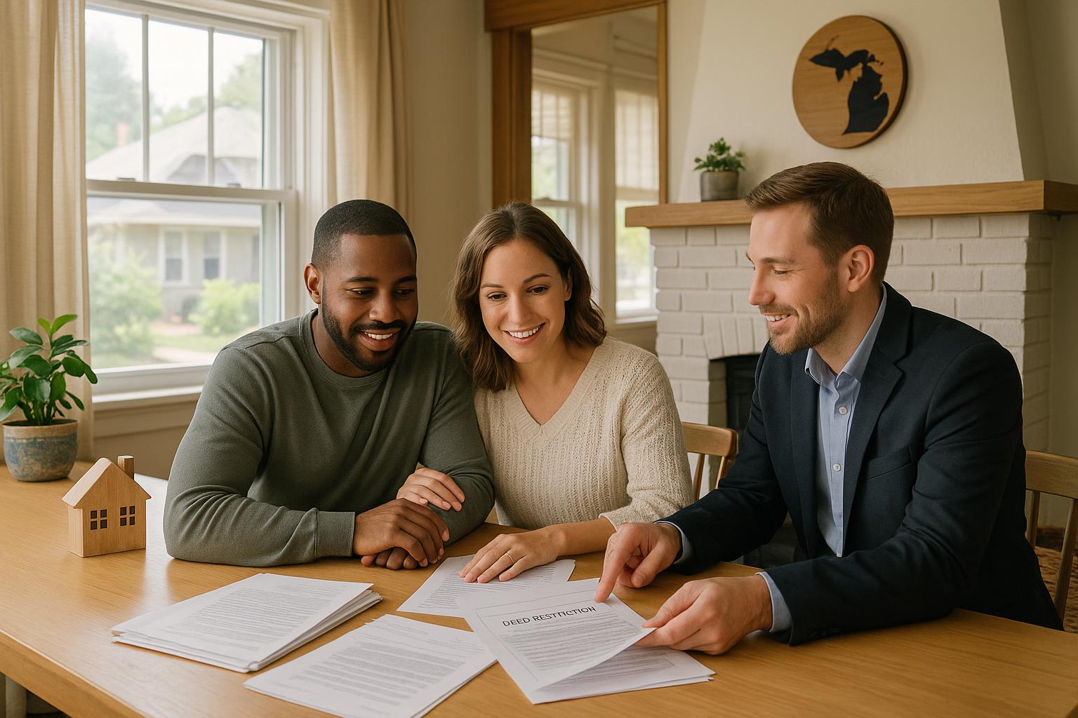 A Grand Rapids couple reviews deed restriction documents with their real estate agent at a sunlit kitchen table.