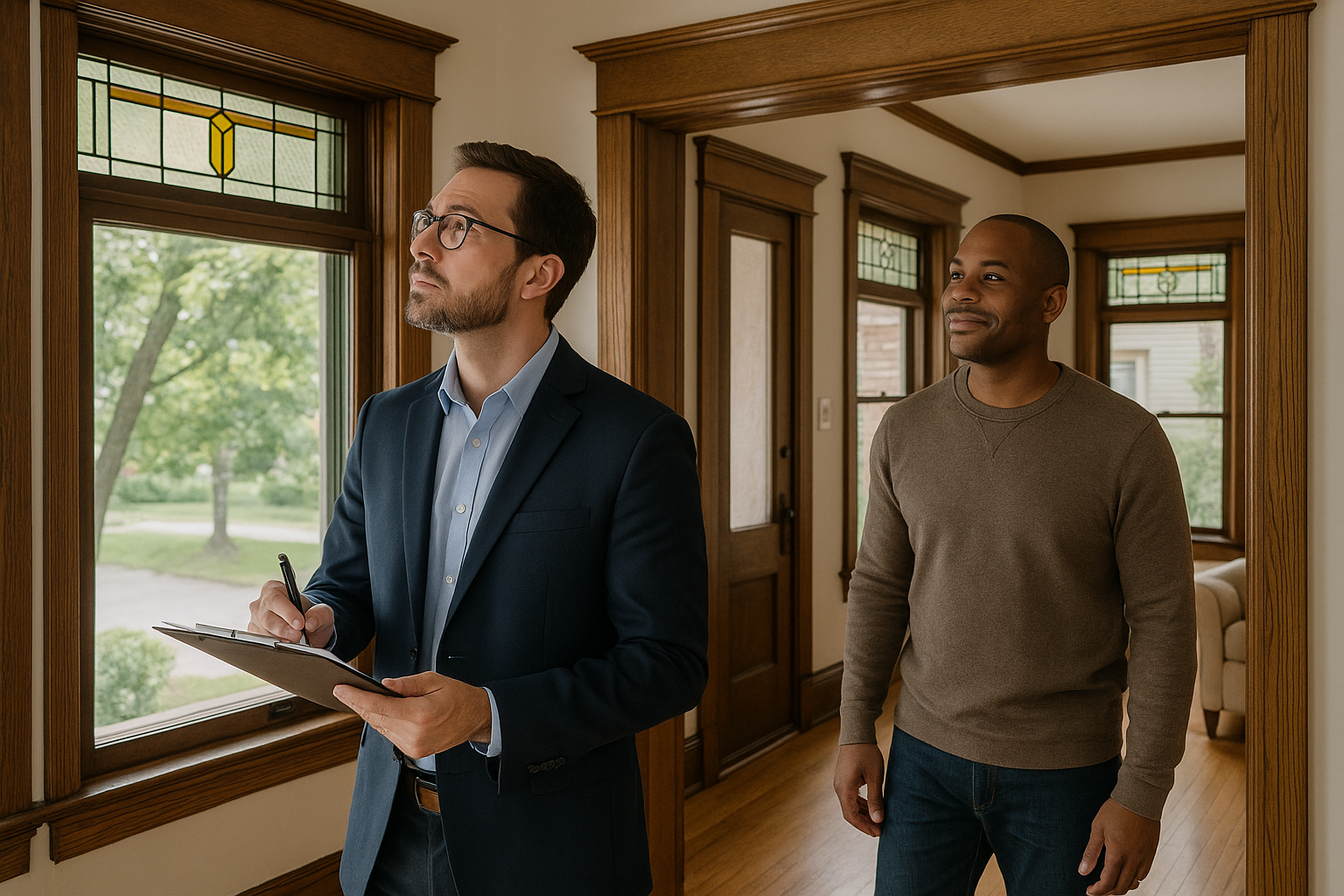 Appraiser and homeowner reviewing unique features during an East Grand Rapids home appraisal walkthrough
