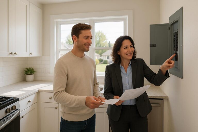 A Grand Rapids home buyer and agent review permit records in a bright kitchen, examining a new electrical panel and looking for signs of unpermitted work.