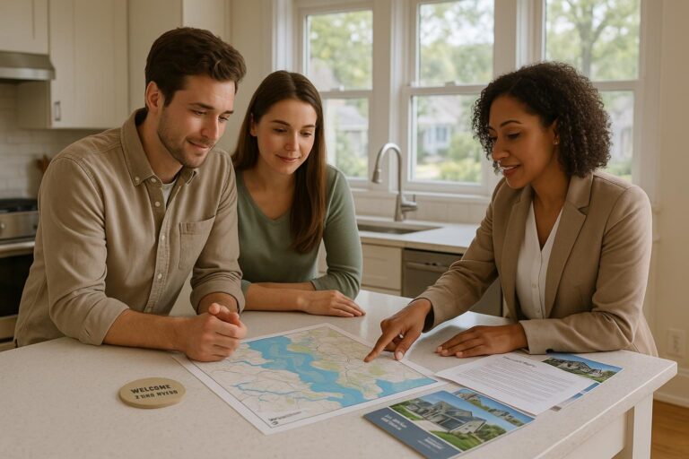 Grand Rapids homebuyers and agent reviewing a flood zone map and inspection report in a bright kitchen.