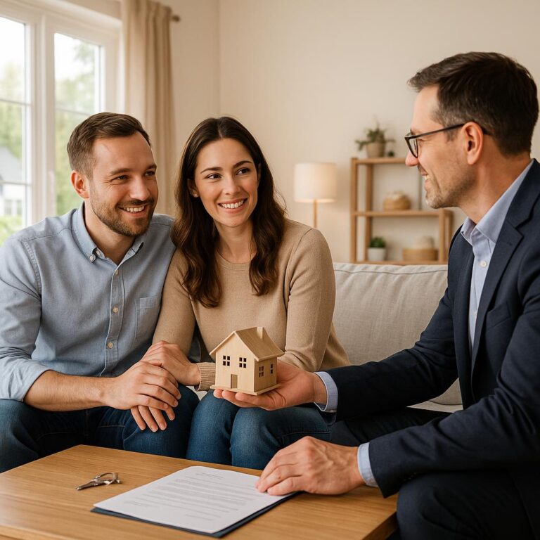 Grand Rapids homeowner and real estate agent reviewing appraisal results while an appraiser inspects the living room.