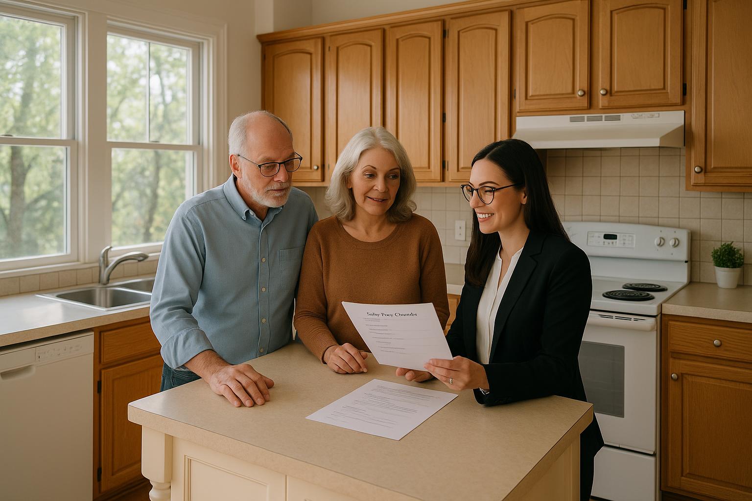 Mature Forest Hills homeowners reviewing sale strategy with agent in bright kitchen