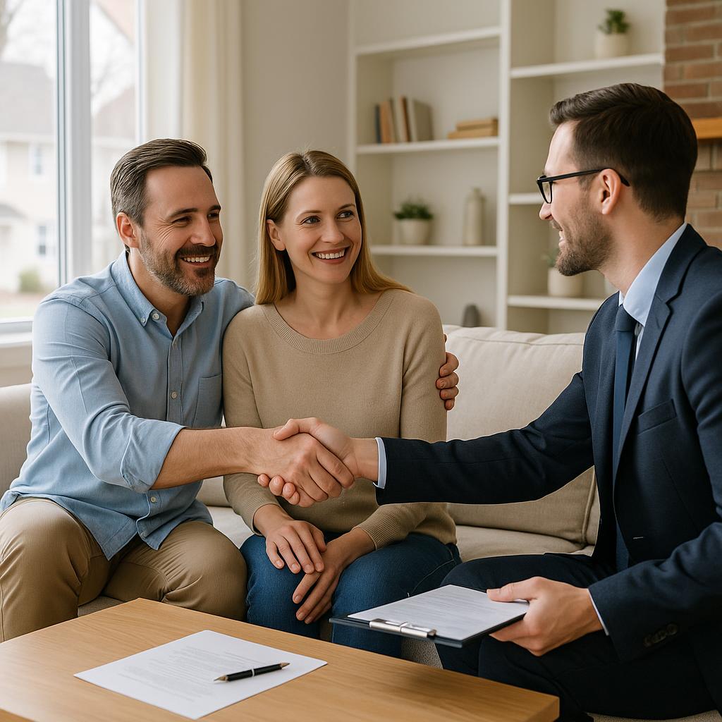 Grand Rapids homeowner and real estate agent reviewing options after a buyer financing delay, with moving boxes visible in the home.