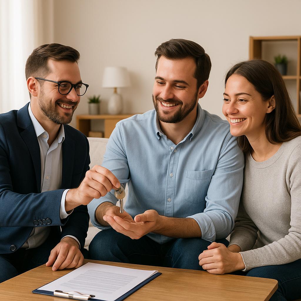 Grand Rapids homeowner and real estate agent reviewing buyer financing details at a kitchen island.