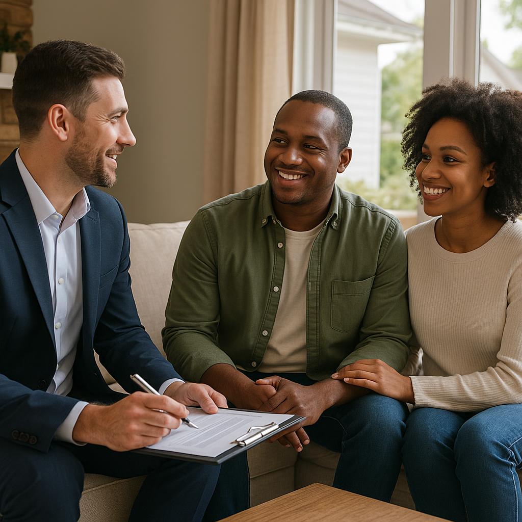 Grand Rapids homeowner and real estate agent calmly reviewing a lien notice at a kitchen island.