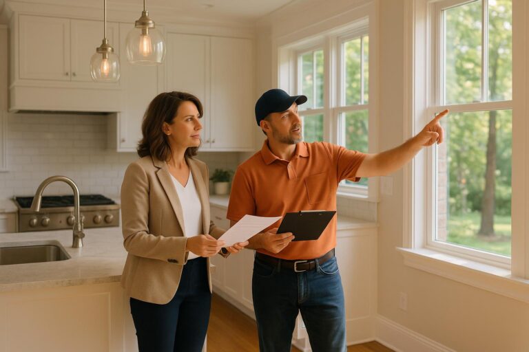 Forest Hills homeowner and contractor discussing buyer-requested repairs in a bright kitchen.