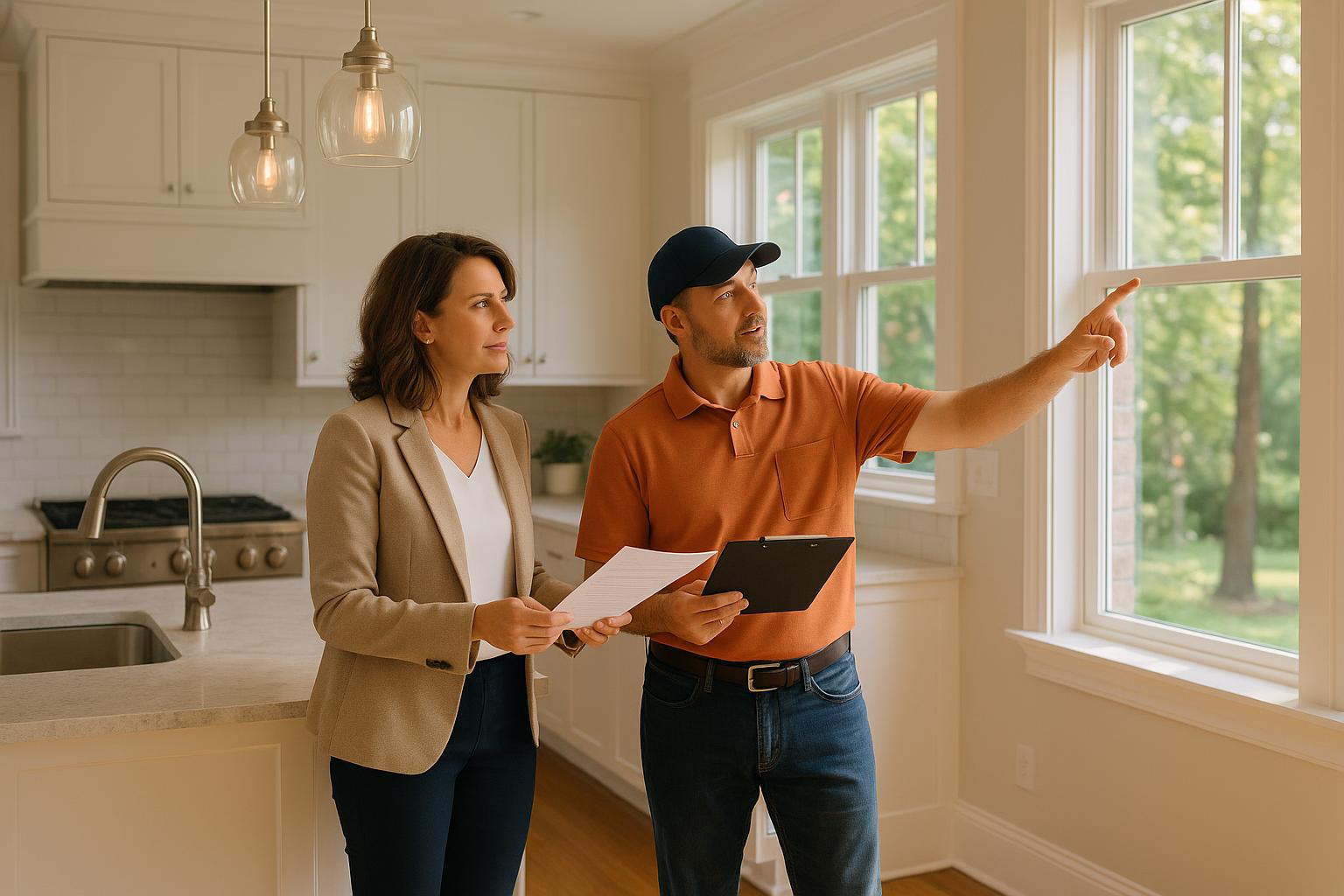 Forest Hills homeowner and contractor discussing buyer-requested repairs in a bright kitchen.