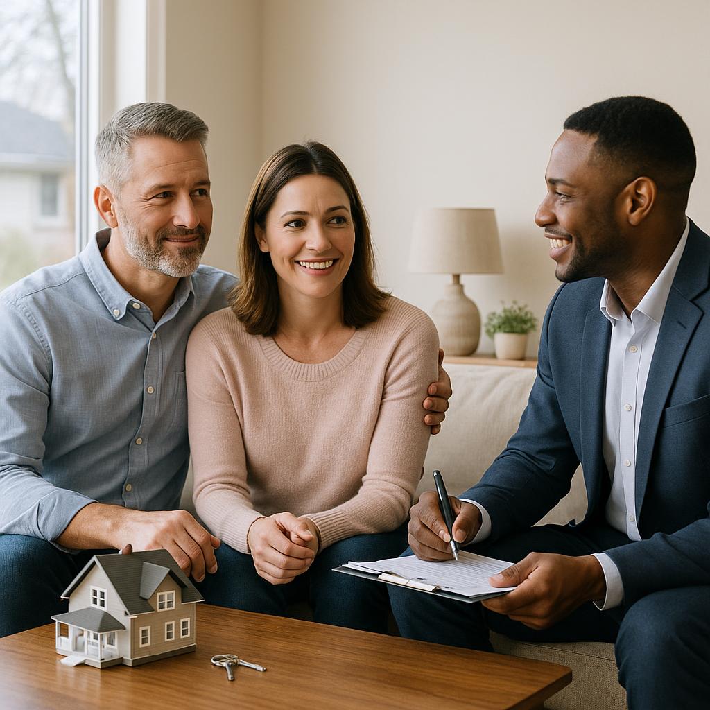 Grand Rapids home seller and real estate agent reviewing property tax paperwork together at a kitchen table.