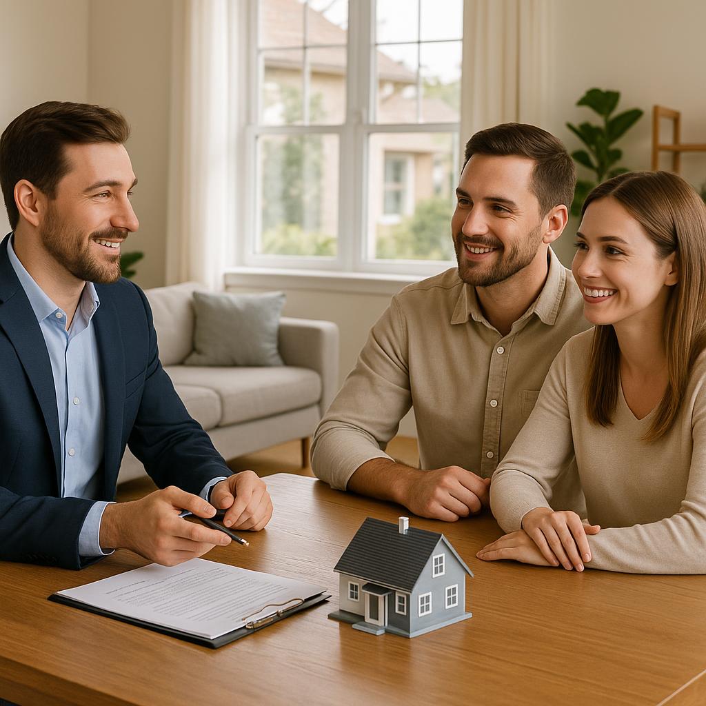 Grand Rapids homeowner and agent reviewing move-out and possession plans with moving boxes in the living room.
