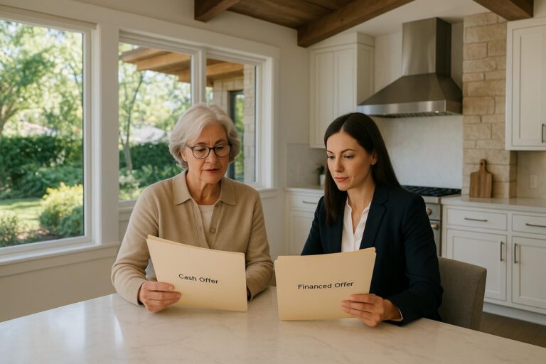Forest Hills homeowner and agent reviewing cash and financed offers in a bright kitchen