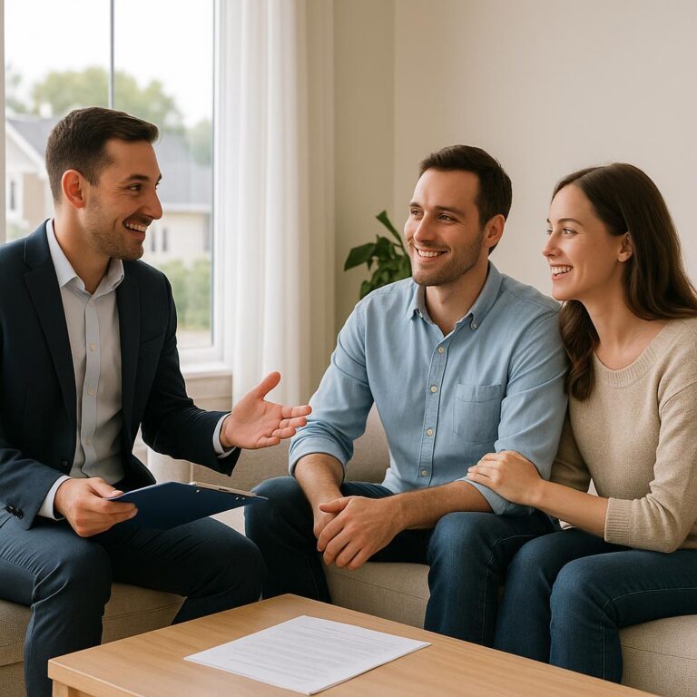 Grand Rapids seller and agent calmly reviewing a low appraisal report at a kitchen island while an appraiser evaluates the home in the background.