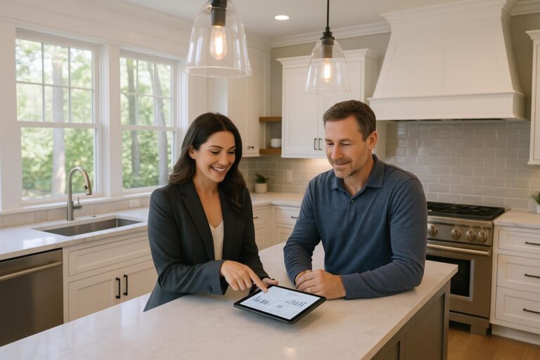 Agent and homeowner reviewing pricing data in a custom Forest Hills home