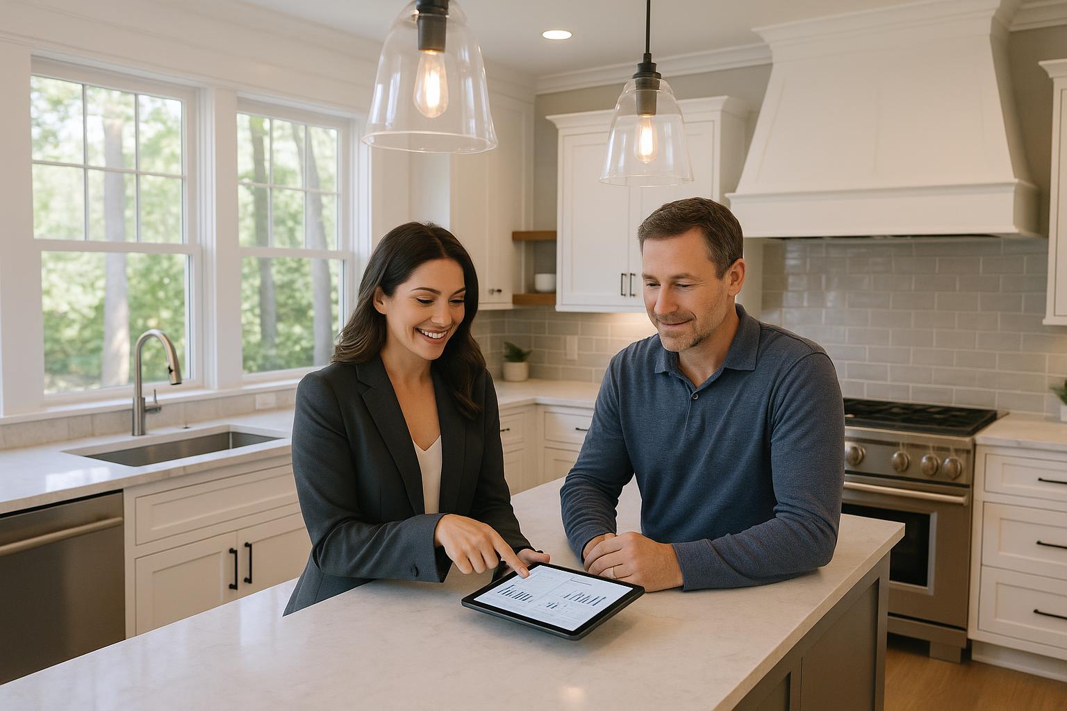 Agent and homeowner reviewing pricing data in a custom Forest Hills home