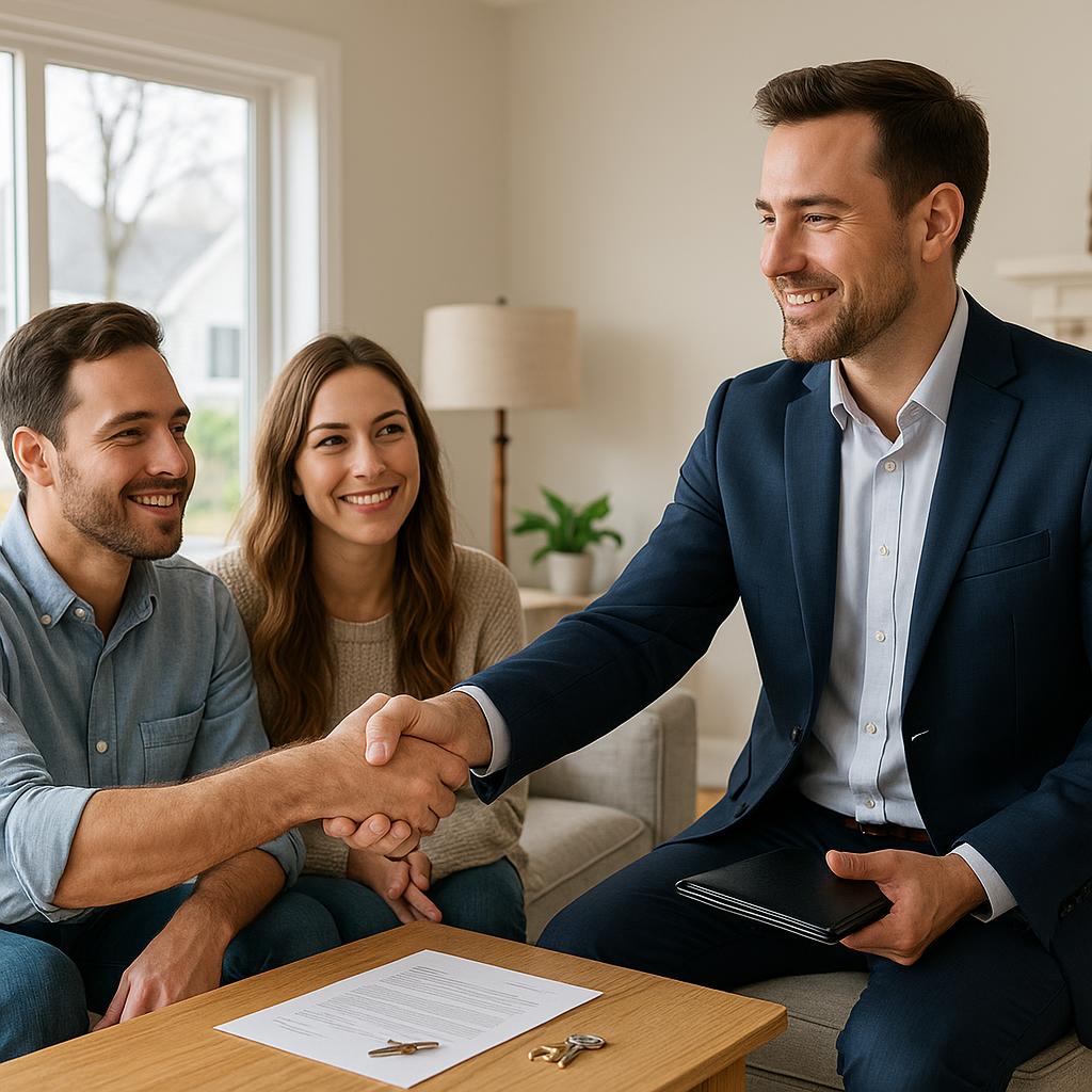 Grand Rapids homeowner, real estate agent, and contractor reviewing open permit paperwork together in a kitchen.
