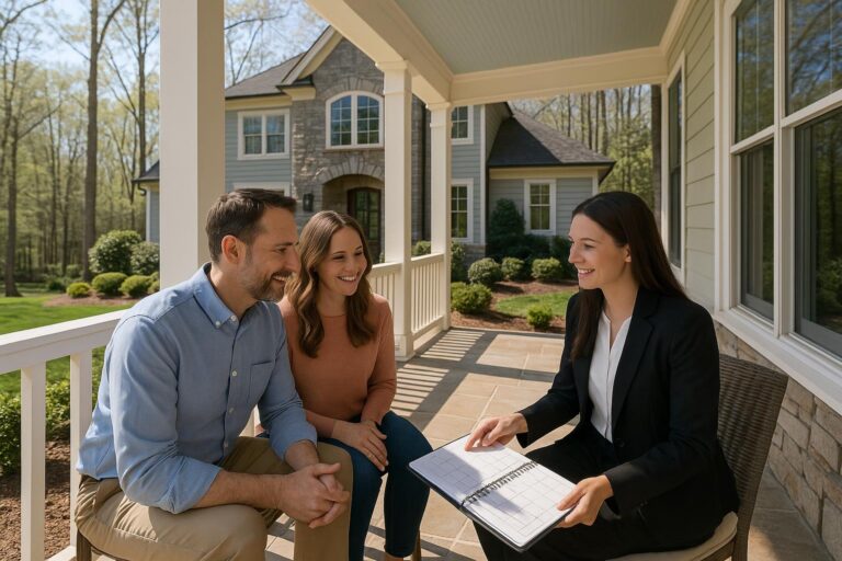 Forest Hills homeowners discussing spring vs summer home listing timing with a real estate agent on a bright front porch.
