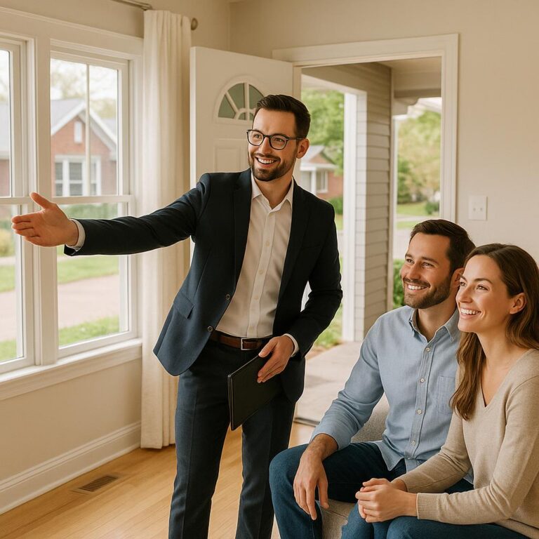 Adult siblings and a real estate agent sorting belongings and planning an estate sale in a Grand Rapids living room before listing the inherited home.