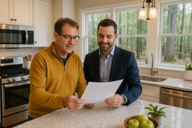 Forest Hills homeowner and agent reviewing a well inspection report in a bright kitchen.
