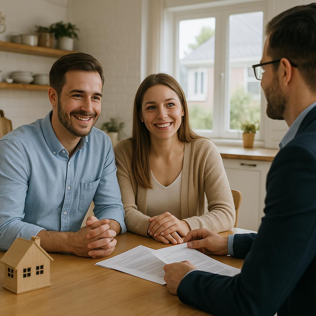 Grand Rapids seller and real estate agent calmly reviewing paperwork after a buyer’s financing fell through at the kitchen island.