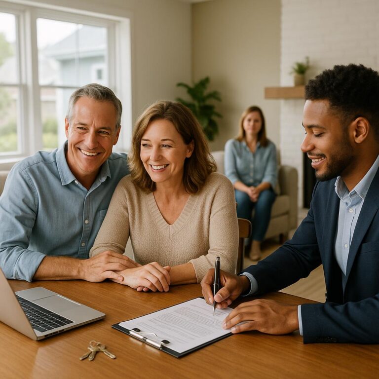 Grand Rapids homeowner, contractor, and agent discussing old roof before selling