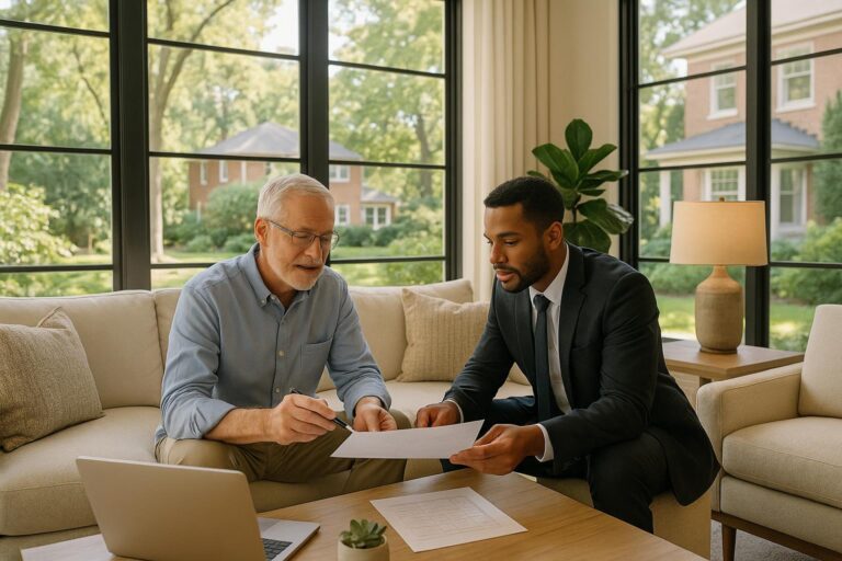 Forest Hills homeowner and real estate agent reviewing pricing notes in a bright living room with a renovated home visible outside.