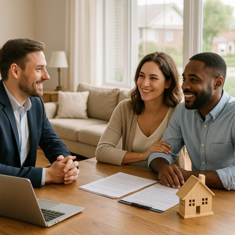 Grand Rapids homeowner and real estate agent reviewing home sale offers and contingencies at a kitchen island.