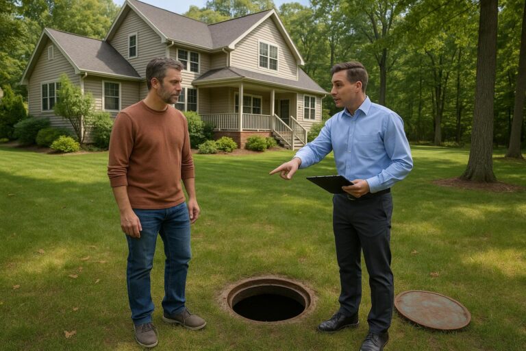Forest Hills homeowner and inspector evaluating a backyard septic system
