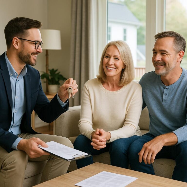 Grand Rapids home seller and agent reviewing a missed contract deadline in a modern kitchen.