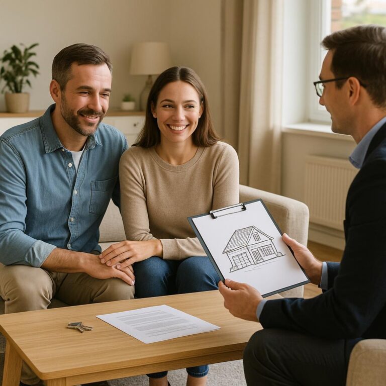 Grand Rapids home seller and real estate agent discussing escrow holdback repairs in a modern kitchen.