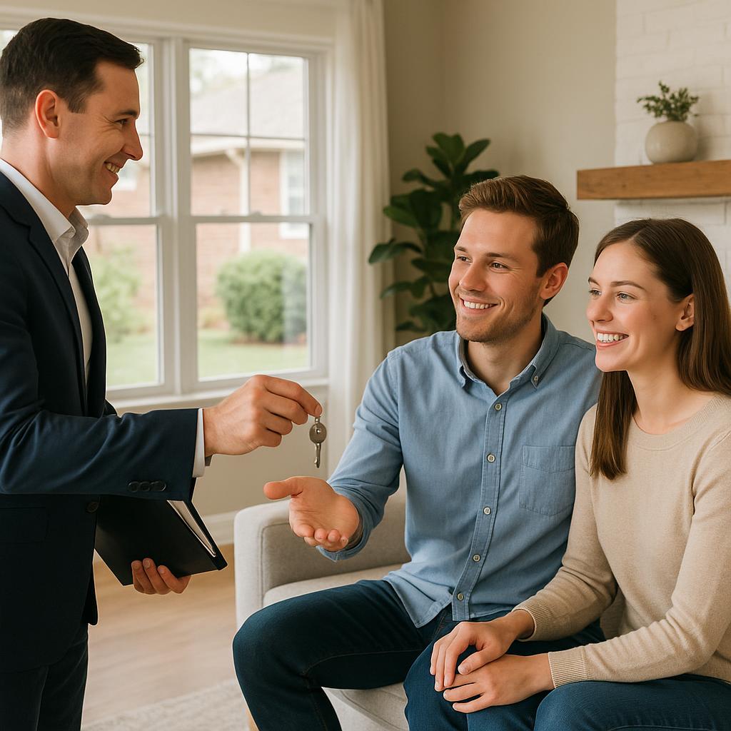 Grand Rapids seller and real estate agent discuss appraisal results with appraiser in the living room of their home.