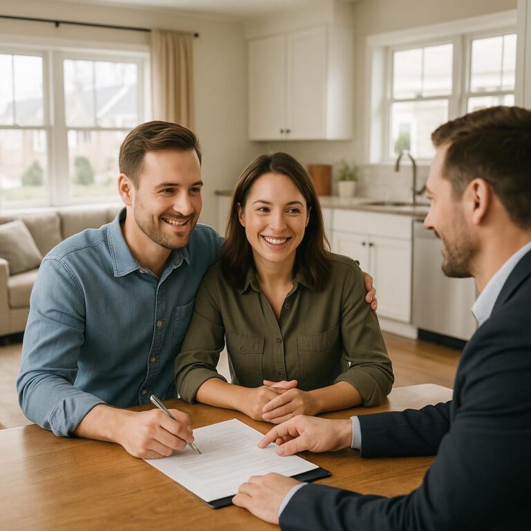 Grand Rapids home seller and real estate agent reviewing a Michigan Seller’s Disclosure Statement at a kitchen island.