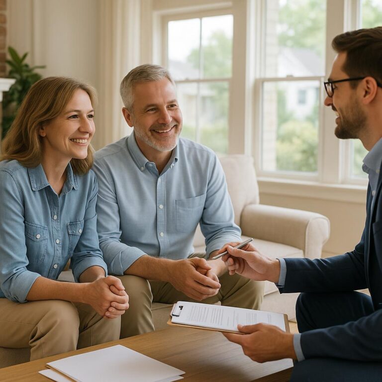 Grand Rapids home seller and agent reviewing move-out plans with moving boxes after buyer requests early occupancy.