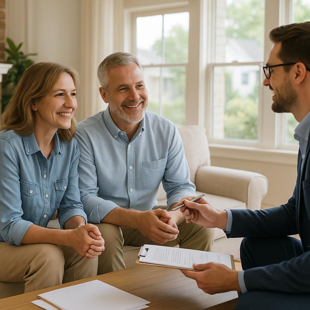 Grand Rapids home seller and agent reviewing move-out plans with moving boxes after buyer requests early occupancy.