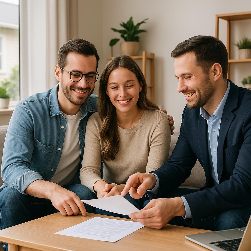 Grand Rapids homeowner and electrician reviewing an outdated fuse box with a real estate agent taking notes