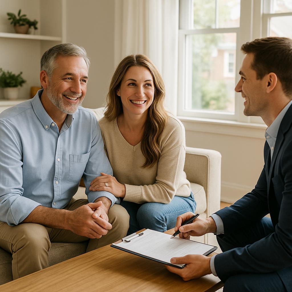 Grand Rapids homeowner and real estate agent discussing delayed home sale due to buyer financing in a living room with moving boxes.