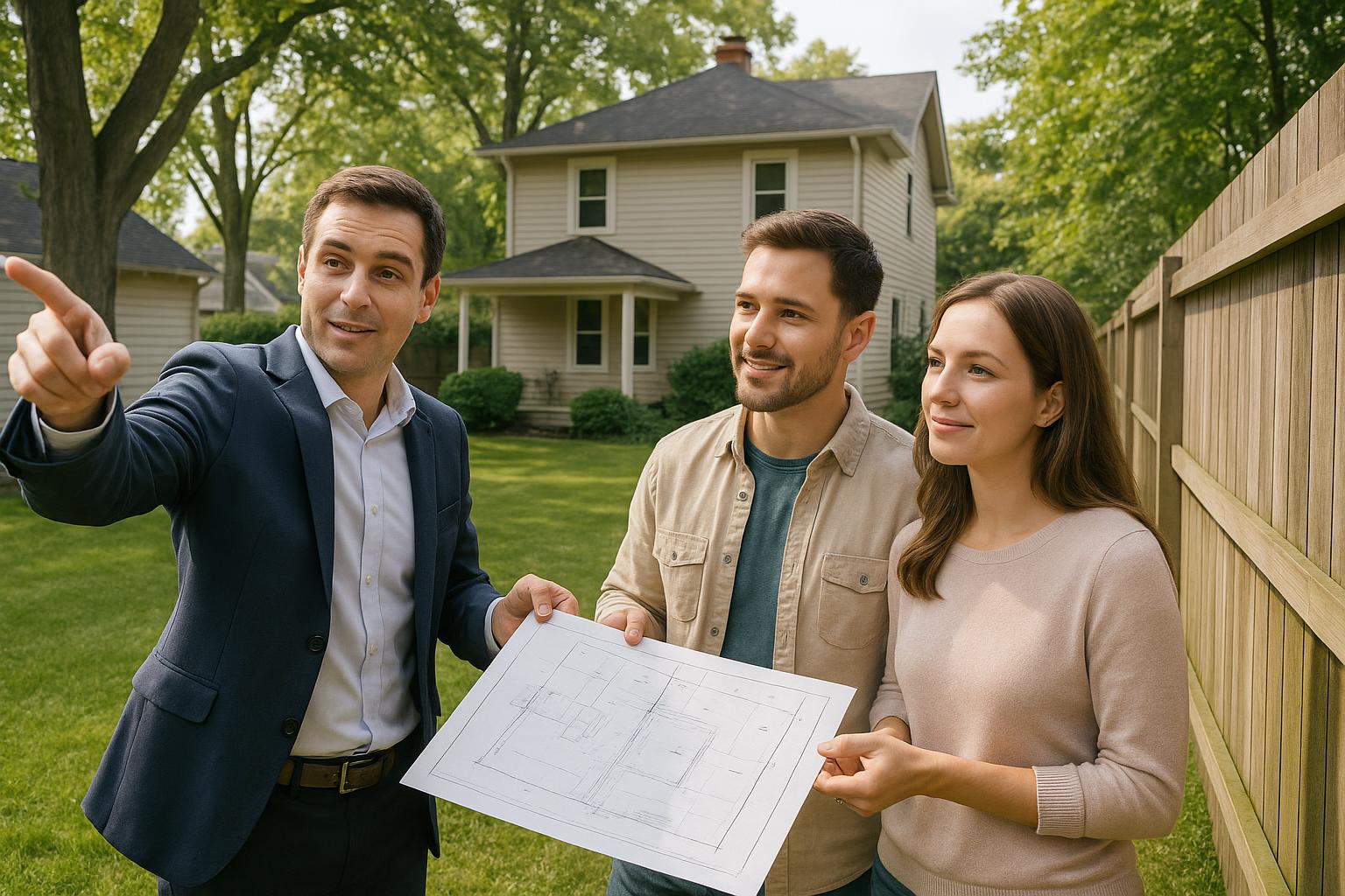 Grand Rapids home buyers and agent reviewing a property survey map in a backyard, examining the boundary near a fence line in daylight.