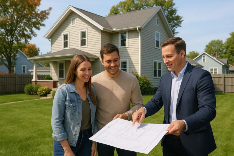 A Grand Rapids homebuyer couple and their agent review a property survey map in the backyard to check boundary lines before purchase.