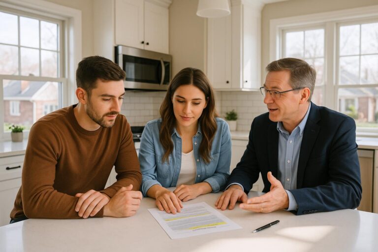 Grand Rapids home buyers and their agent reviewing contract contingencies at a kitchen island with purchase documents and bright daylight.