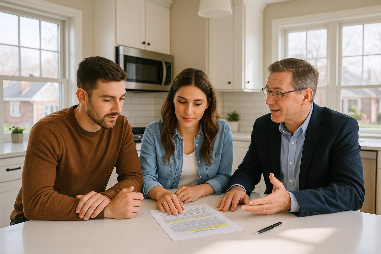 Grand Rapids home buyers and their agent reviewing contract contingencies at a kitchen island with purchase documents and bright daylight.