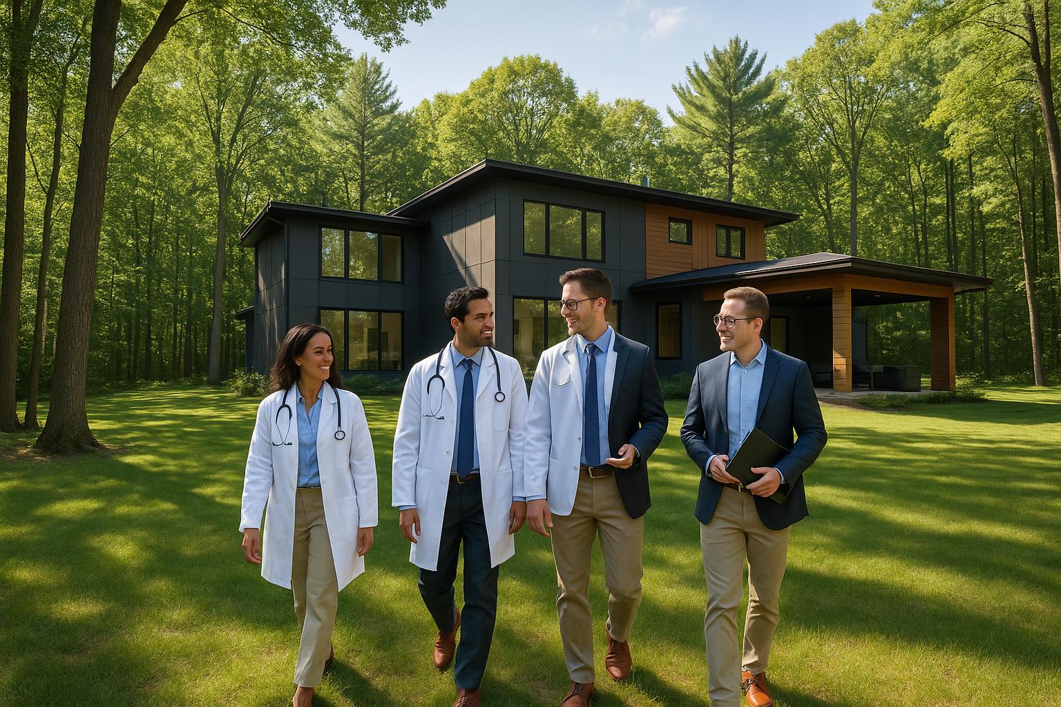 A physician couple and real estate agent tour the spacious backyard of a Grand Rapids home with acreage in bright daylight.