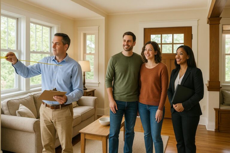 A Grand Rapids appraiser reviewing a home’s value with buyers and their agent during a daylight walkthrough in a welcoming craftsman-style living room.