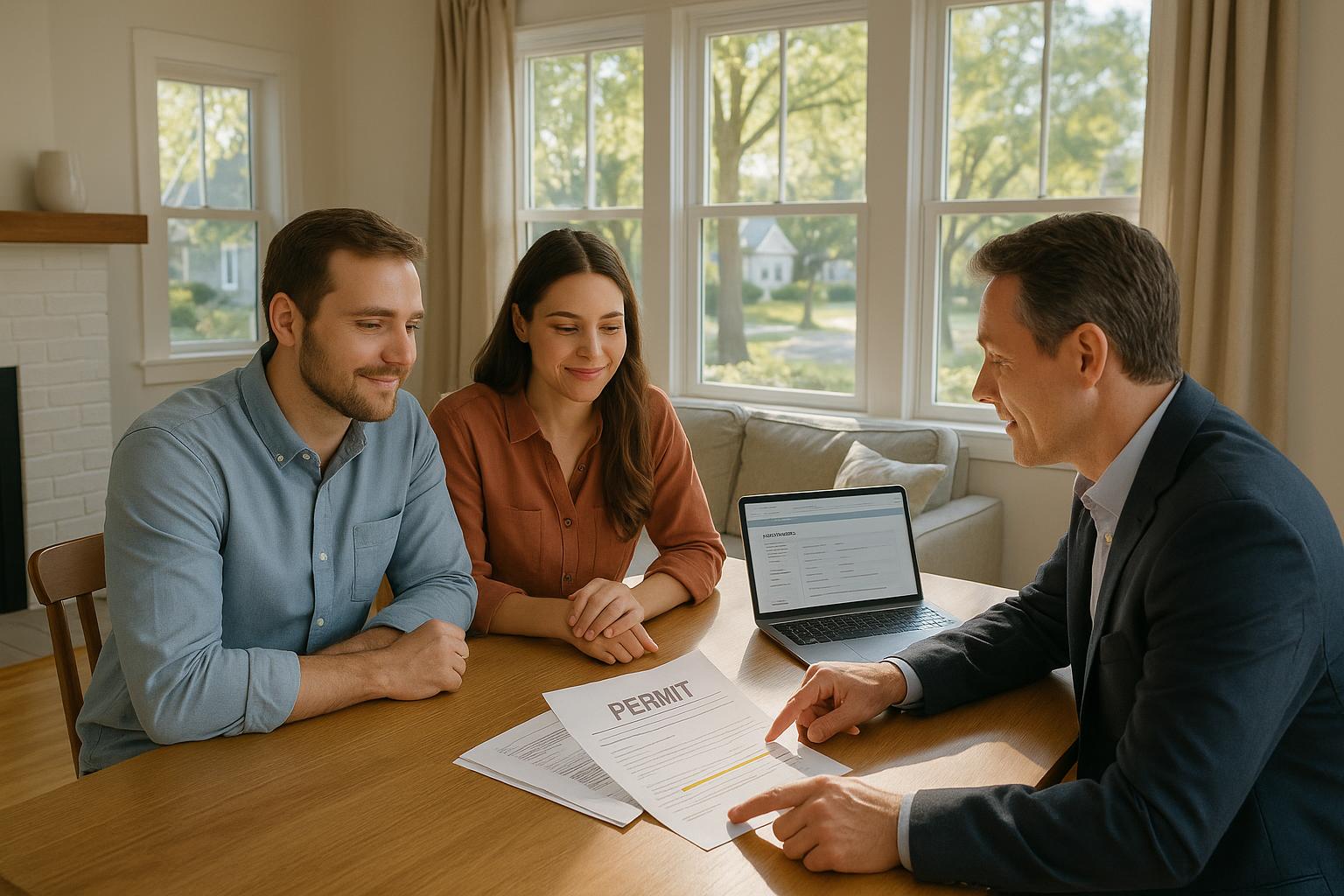 Grand Rapids homebuyers and agent reviewing open permit documents at a dining table in a bright, welcoming living room.