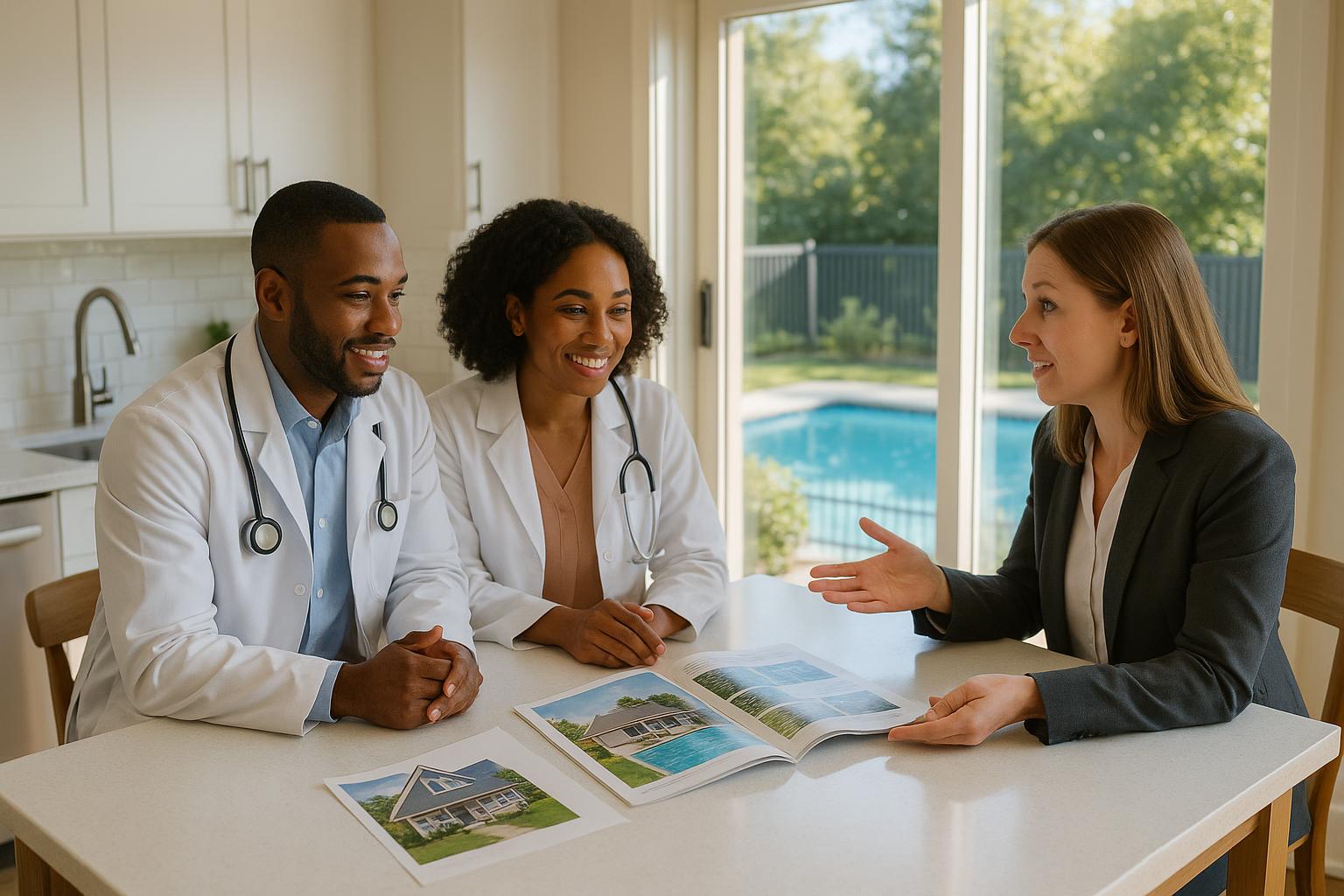 Grand Rapids physician couple and agent reviewing pool home options in a sunlit kitchen with a view of a backyard pool.