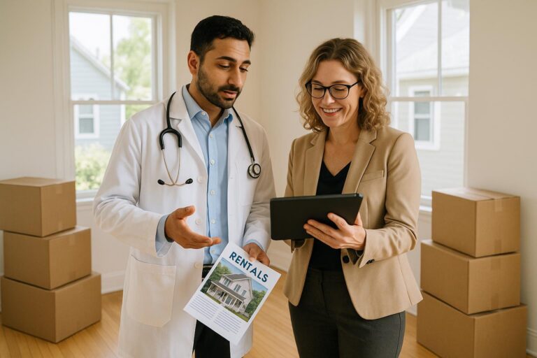 A physician and real estate agent review rental options at a bright kitchen table in a Grand Rapids home, with moving boxes and natural daylight visible.