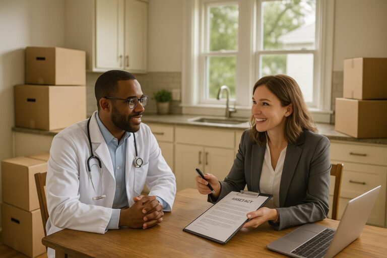 A physician and real estate agent discussing home sale preparations in a bright, naturally lit Grand Rapids kitchen with moving boxes in the background.