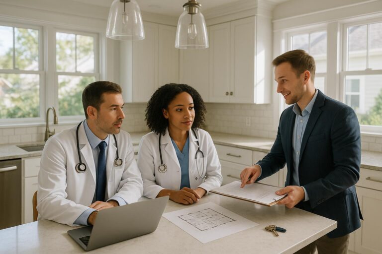 Physician couple and real estate agent reviewing home renovation and move-up options in a bright Grand Rapids kitchen with moving boxes in the background.