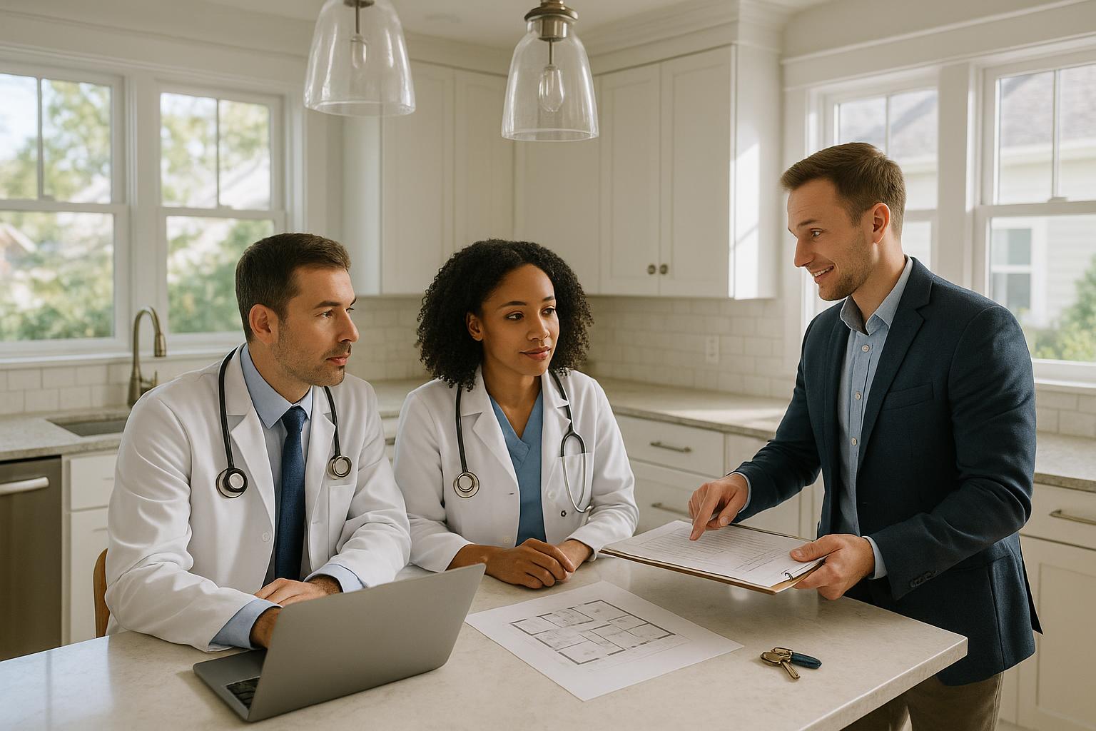 Physician couple and real estate agent reviewing home renovation and move-up options in a bright Grand Rapids kitchen with moving boxes in the background.