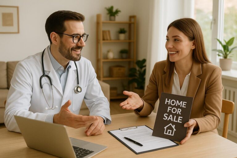 Grand Rapids physician and agent discussing home sale and purchase timing with moving boxes in a bright, naturally lit kitchen.