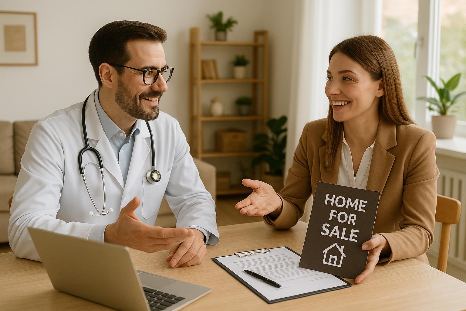 Grand Rapids physician and agent discussing home sale and purchase timing with moving boxes in a bright, naturally lit kitchen.