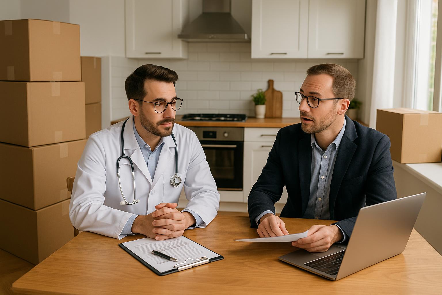 Grand Rapids physician seller and agent reviewing renovation and sale options at a kitchen table with moving boxes in a bright, polished home.