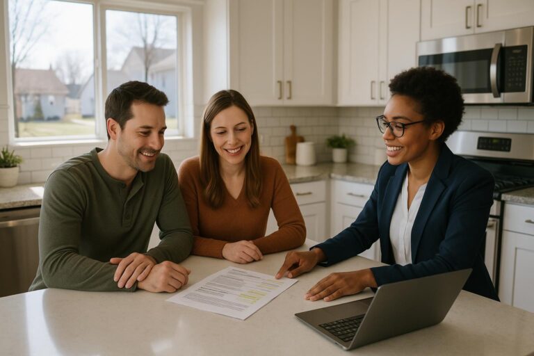 Grand Rapids home buyers discuss repair credits with their agent after a home inspection in a bright kitchen.